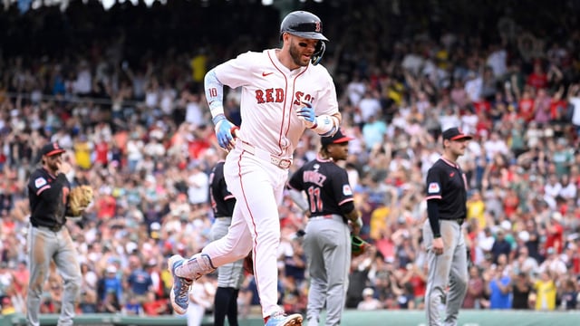 Sep 1, 2025; Boston, Massachusetts, USA; Boston Red Sox shortstop Trevor Story (10) runs the bases after being awarded a home run based on a video review during the sixth inning against the Cleveland Guardians at Fenway Park. Mandatory Credit: Eric Canha-Imagn Images