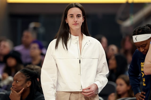Injured Caitlin Clark #22 of the Indiana Fever stands on the side of the court during their game against the Golden State Valkyries at Chase Center on August 31, 2025 in San Francisco, California.