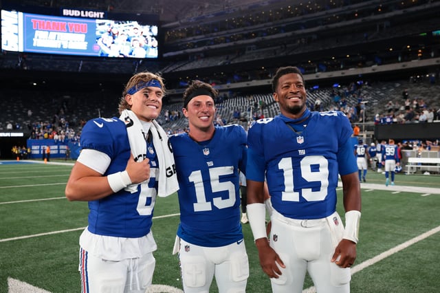 Jaxson Dart #6, Tommy DeVito #15 and Jameis Winston #19 of the New York Giants pose for a photo after the NFL Preseason 2025 game against the New England Patriots at MetLife Stadium on August 21, 2025 in East Rutherford, New Jersey.