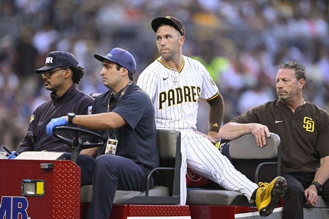 Sep 1, 2025; San Diego, California, USA; San Diego Padres relief pitcher Jason Adam (40) is taken away in a cart after being injured during the seventh inning against the Baltimore Orioles at Petco Park.  Mandatory Credit: Denis Poroy-Imagn Images
