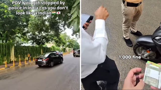 Snippets from a video showing a Japanese man paying a ₹1,000 ‘fine’. 