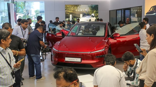 A Tesla Model Y at the company's newly opened store at Bandra Kurla Complex in Mumbai.