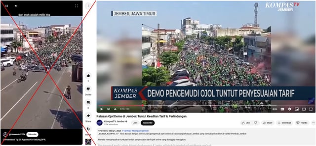 Screenshot comparison of the falsely shared video (left) and the KompasTV video (right)