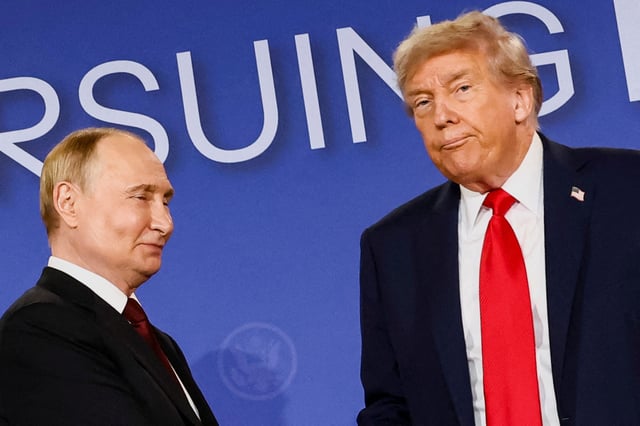 U.S. President Donald Trump and Russian President Vladimir Putin at their news conference in Anchorage, Alaska, on Aug. 15, 2025.