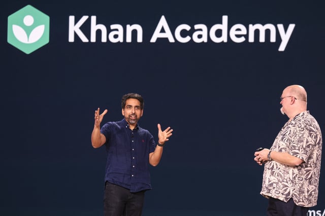 Khan Academy CEO Sal Khan and Microsoft Chief Technology Officer and Executive Vice President of Artificial Intelligence Kevin Scott speak at the Microsoft Briefing event at the Seattle Convention Center Summit Building in Seattle, Washington, on May 21, 2024.