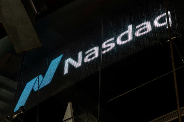 The Nasdaq logo is displayed at the Nasdaq stock market site in New York City, U.S., July 16, 2025. REUTERS/Kylie Cooper/File Photo