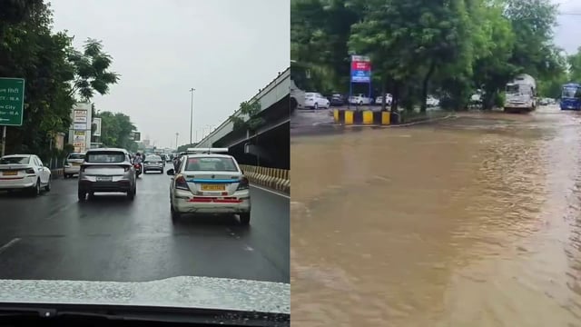 A video showing the roads of Noida (L) and Gurgaon (R) after rain