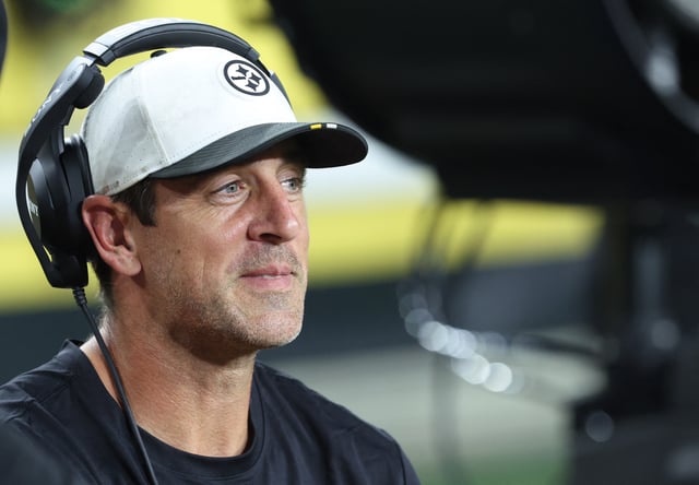 Aug 16, 2025; Pittsburgh, Pennsylvania, USA;  Pittsburgh Steelers quarterback Aaron Rodgers (8) looks on from the sidelines against the Tampa Bay Buccaneers during the third quarter at Acrisure Stadium. Mandatory Credit: Charles LeClaire-Imagn Images/ File Photo