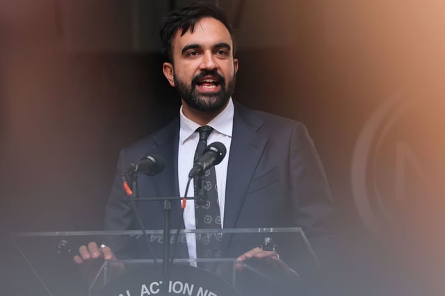 Zohran Mamdani speaks during the March on Wall Street on August 28.