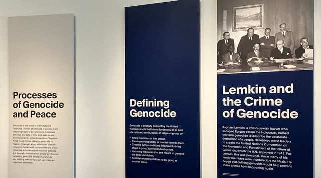 A room in the permanent exhibit of the Zekelman Holocaust Center in Farmington Hills, Michigan, discussing the origins of the term "genocide," August 18, 2025. The center's permanent exhibit space was overhauled in 2024. (Andrew Lapin/JTA)
