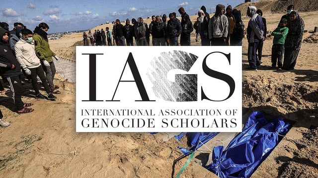 IAGS logo with a picture of burial in Gaza