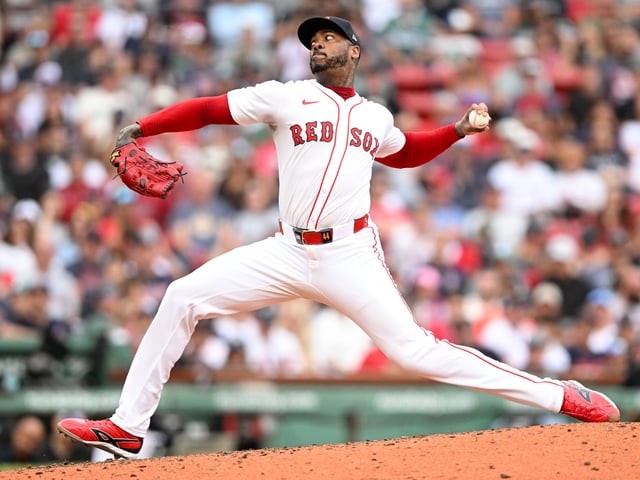 BOSTON, MASSACHUSETTS - SEPTEMBER 01: Aroldis Chapman #44 of the Boston Red Sox pitches against the Cleveland Guardians during the ninth inning at Fenway Park on September 01, 2025 in Boston, Massachusetts.