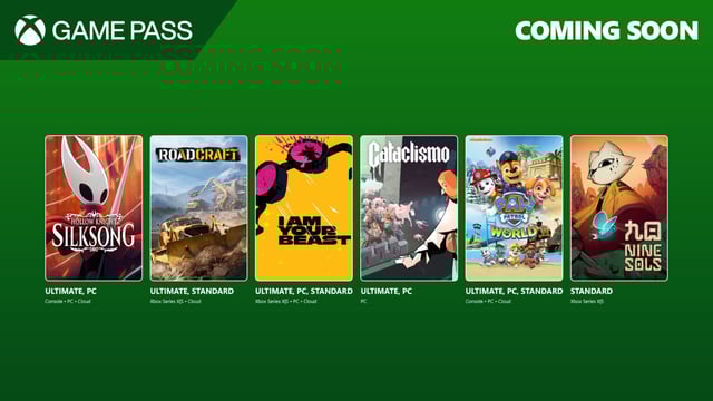 An infographic showing games like Hollow Knight Silksong, Roadcraft, and Cataclismo coming to Xbox Game Pass in September.