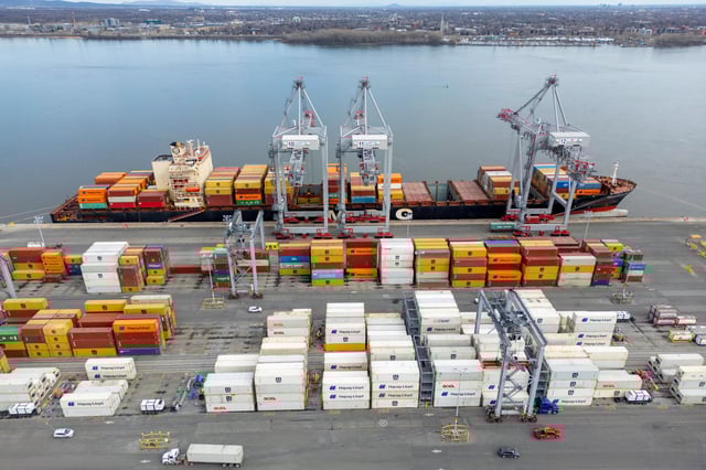 A drone view shows shipping containers at the Port of Montreal in Montreal, Quebec, Canada April 14, 2025. REUTERS/Carlos Osorio/File Photo