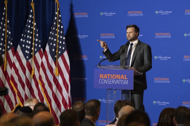 JD Vance, then a U.S. senator from Ohio, speaks at the National Conservatism Conference in Washington, July 10, 2024. 