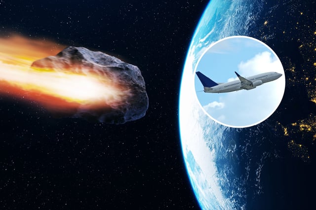 A stock image illustration of an asteroid approaching Earth, with an inset stock image of an airplane in the sky.