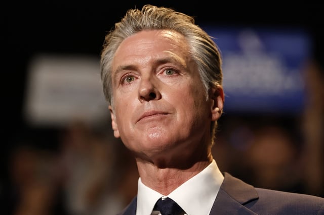 California Governor Gavin Newsom during a press conference at the Democracy Center, Japanese American National Museum, in Los Angeles, on August 14, 2025.