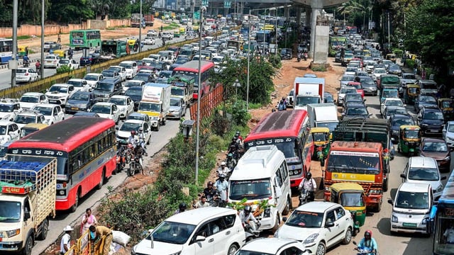 File photo of a traffic snarl on Bellary Road due to waterlogging following heavy rainfall in Bengaluru | ANI