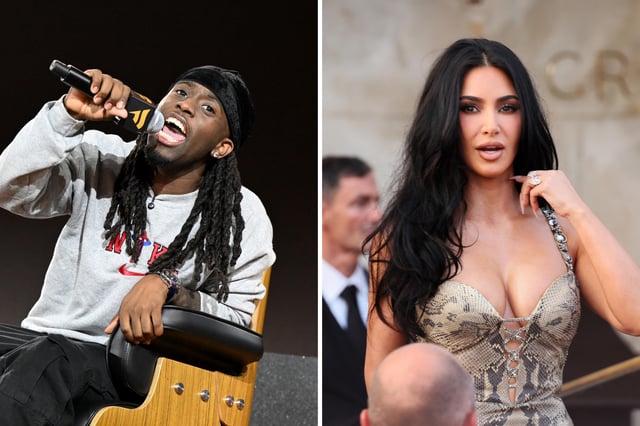 L: Kai Cenat speaks onstage during Fanatics Fest NYC 2025 at Javits Center on June 21, 2025 in New York City. R: Kim Kardashian is sighting ahead of Jeff Bezos and Lauren Sanchez Wedding at Hotel Gritti on June 26, 2025 in Venice, Italy.