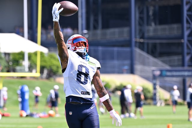 Jul 28, 2025; Foxborough, MA, USA; New England Patriots wide receiver Stefon Diggs (8) makes a one handed catch during training camp at Gillette Stadium. Mandatory Credit: Eric Canha-Imagn Images/ File Photo