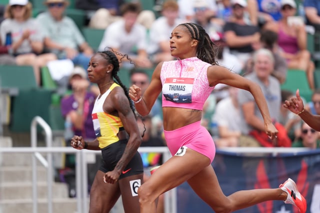  Eugene, OR, USA; Gabby Thomas runs in a women's 200m semifinal during the USATF Championships at Hayward Field. Mandatory Credit: Kirby Lee-Imagn Images/ File Photo