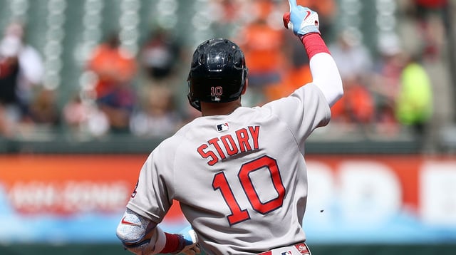 Aug 28, 2025; Baltimore, Maryland, USA; Boston Red Sox shortstop Trevor Story (10) celebrates after hitting a home run during the first inning against the Baltimore Orioles at Oriole Park at Camden Yards. Mandatory Credit: Daniel Kucin Jr.-Imagn Images