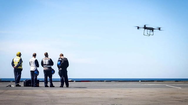 Malloy T-150 drone executes supply delivery between HMS Prince of Wales and HMS Dauntless. Credit: Royal Navy /© Crown copyright.