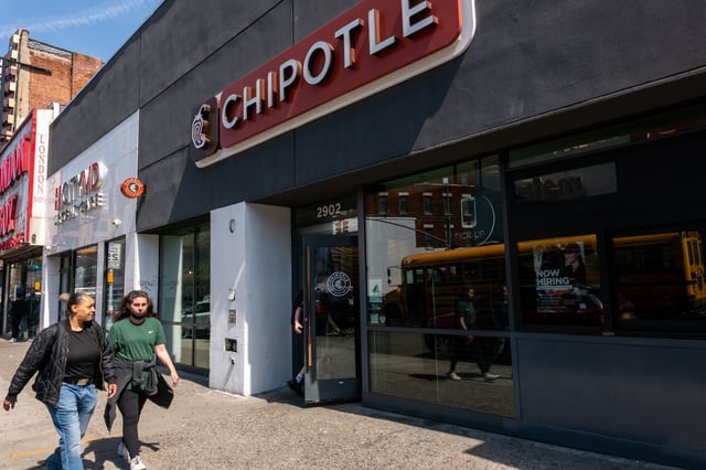 A Chipotle restaurant stands pictured in the Bronx on April 23, 2025, in New York City.