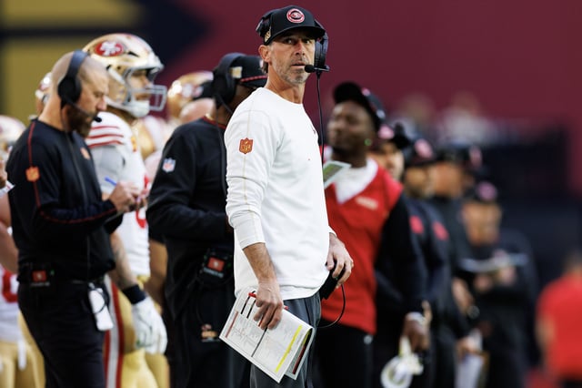 GLENDALE, ARIZONA - JANUARY 5: Head coach Kyle Shanahan of the San Francisco 49ers stands on the sidelines during the first half of an NFL football game against the Arizona Cardinals, at State Farm Stadium on January 5, 2025 in Glendale, Arizona. (Photo by Brooke Sutton/Getty Images)