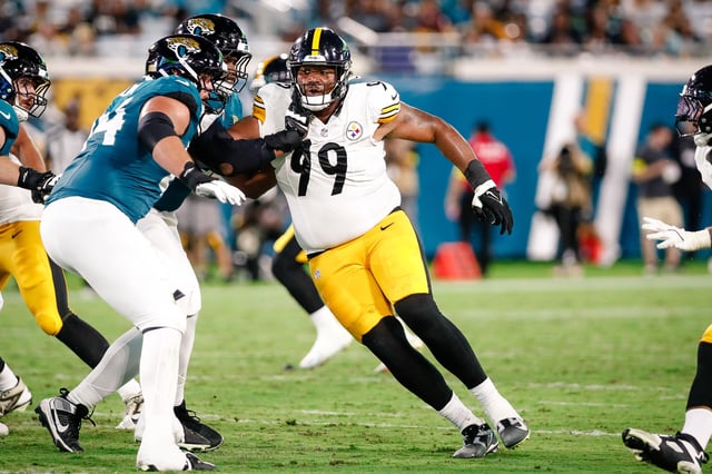 Aug 9, 2025; Jacksonville, Florida, USA; Pittsburgh Steelers defensive tackle Derrick Harmon (99) rushes the passer against the Jacksonville Jaguars during a preseason game at EverBank Stadium. Mandatory Credit: Travis Register-Imagn Images/ File Photo