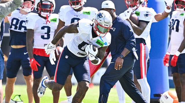 Jul 28, 2025; Foxborough, MA, USA; New England Patriots wide receiver Stefon Diggs (8) does a drill during training camp at Gillette Stadium. Mandatory Credit: Eric Canha-Imagn Images