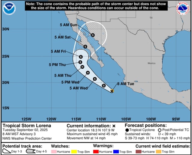 A forecast path for Tropical Storm Lorena, which will likely become a hurricane later this week.
