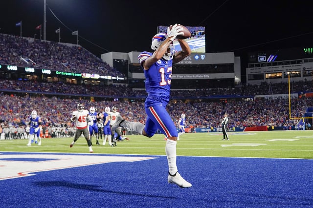 Oct 26, 2023; Orchard Park, New York, USA; Buffalo Bills wide receiver Gabe Davis (13) makes a catch for a touchdown against the Tampa Bay Buccaneers during the second half at Highmark Stadium. Mandatory Credit: Gregory Fisher-USA TODAY Sports/File Photo