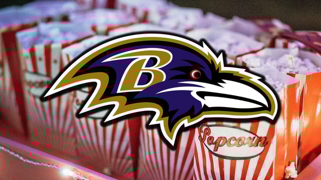 The Baltimore Ravens logo over a photo of popcorn.