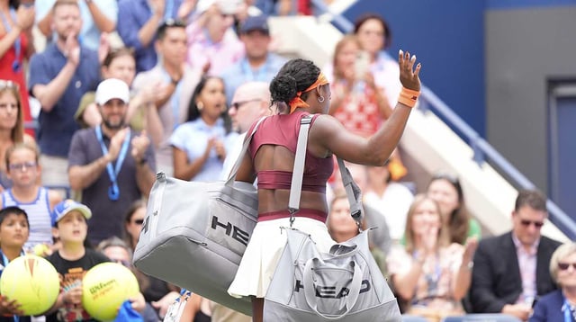 Sep 1, 2025; Flushing, NY, USA; Coco Gauff (USA) exits after her loss to Naomi Osaka (JPN) (not pictured) on day nine of the 2025 U.S. Open tennis tournament at the USTA Billie Jean King National Tennis Center. Mandatory Credit: Robert Deutsch-Imagn Images