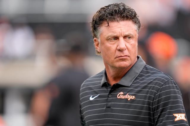 Oklahoma State coach Mike Gundy walks on the field before an NCAA football game between Oklahoma State and UT Martin in Stillwater, Okla., on Thursday, Aug. 28, 2025.