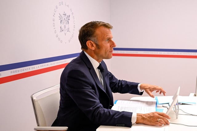 French President Emmanuel Macron attends a video conference  with members of the so-called “coalition of the willing”, Sunday, Aug. 17, 2025  at the Fort de Bregancon in Bormes-les-Mimosas, France. Philippe Magoni/Pool via REUTERS/File Photo