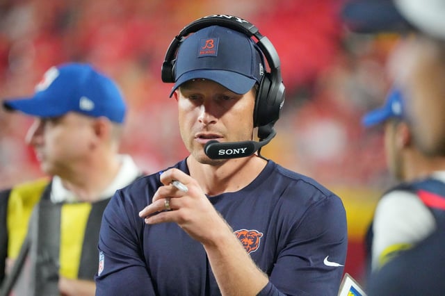 Aug 22, 2025; Kansas City, Missouri, USA; Chicago Bears head coach Ben Johnson on field against the Kansas City Chiefs during the second half of the game at GEHA Field at Arrowhead Stadium. Mandatory Credit: Denny Medley-Imagn Images/File Photo
