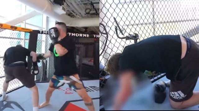 Colby Covington spars with influencer Chrogman, opposite Chrogman vomiting in the cage. Credit: Colby Covington/YouTube