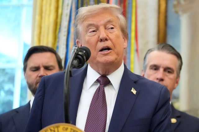 President Donald Trump speaks about the relocation of U.S. Space Command headquarters from Colorado to Alabama in the Oval Office of the White House, Sept. 2, 2025, in Washington. (Mark Schiefelbein/AP)
