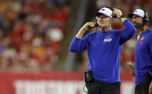 TAMPA, FLORIDA - AUGUST 23: Buffalo Bills head coach Sean McDermott looks on during the NFL Preseason 2025 game between Buffalo Bills and Tampa Bay Buccaneers at Raymond James Stadium on August 23, 2025 in Tampa, Florida.