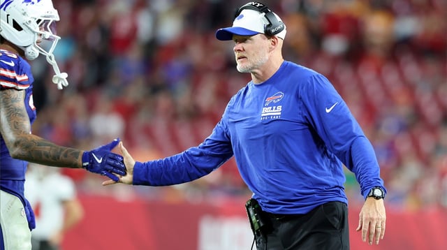 Aug 23, 2025; Tampa, Florida, USA; Buffalo Bills head coach Sean McDermott high fives teammates against the Tampa Bay Buccaneers during the second half at Raymond James Stadium. Mandatory Credit: Kim Klement Neitzel-Imagn Images