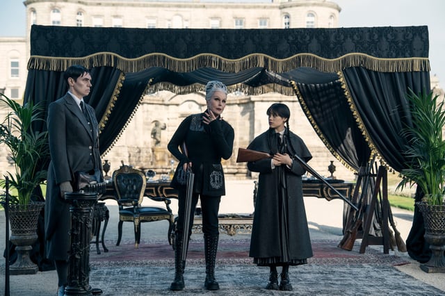 (L to R) Liv Spencer as Varicose, Joanna Lumley as Grandmama and Jenna Ortega as Wednesday Addams in Season 2 of "Wednesday."