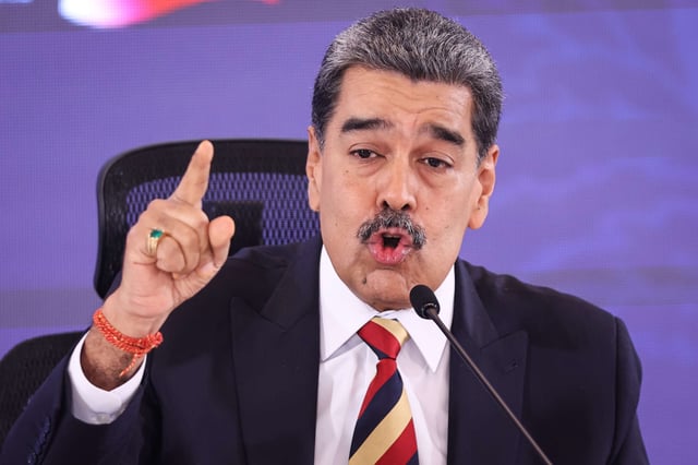 President of Venezuela Nicolás Maduro speaks during a press conference at Hotel Melia Caracas on September 1, 2025, in Caracas, Venezuela.