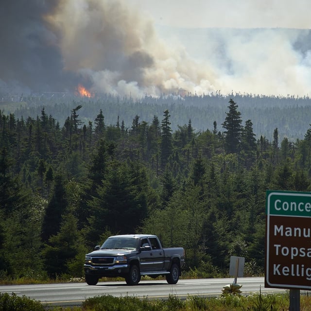 An active wildfire at Paddy's Pond forcing evacuation alerts in Paradise and Conception Bay South (CBS), Newfoundland  and closure of the Trans Canada Highway. August 12, 2025.  Greg Locke / Globe and Mail