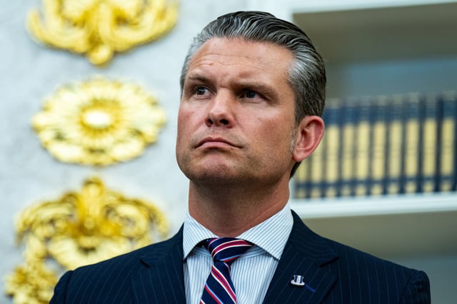 Pete Hegseth, secretary of defense, during a proclamation signing with US President Donald Trump, not pictured, in the Oval Office of the White House in Washington, D.C., on Aug. 25, 2025. 
