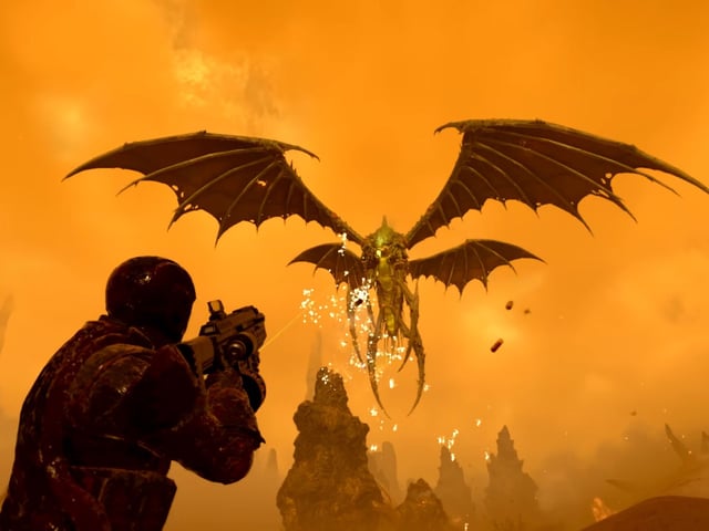 A screenshot of the Dragonroach, one of the new Terminid enemies in Helldivers 2's Into the Unjust update.