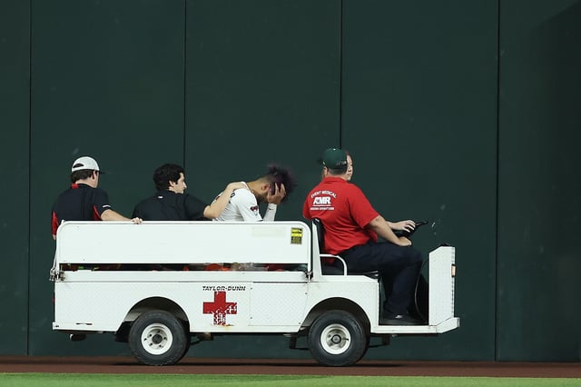 PHOENIX, ARIZONA - SEPTEMBER 01: Outfielder Lourdes Gurriel Jr. #12 of the Arizona Diamondbacks leaves the game after a collision with Blaze Alexander (not pictured) during the sixth inning of the MLB game against the Texas Rangers at Chase Field on September 01, 2025 in Phoenix, Arizona.