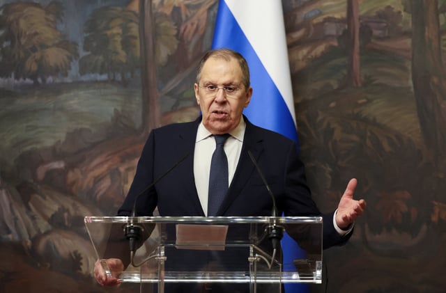Russian Foreign Minister Sergei Lavrov speaks during a press conference following talks with Syrian Foreign Minister Asaad Hassan al-Shibani in Moscow, Russia, July 31, 2025. REUTERS/Shamil Zhumatov/Pool/File Photo