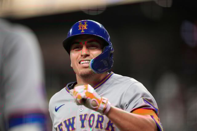 New York Mets' Tyrone Taylor (15) celebrates a home run in the fifth inning of a baseball game against the Atlanta Braves, Tuesday, June 17, 2025, in Atlanta. (AP Photo/Brynn Anderson)